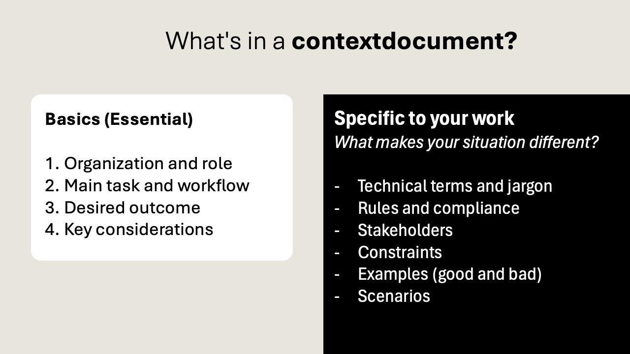 What's in a context document: basics and work-specific elements